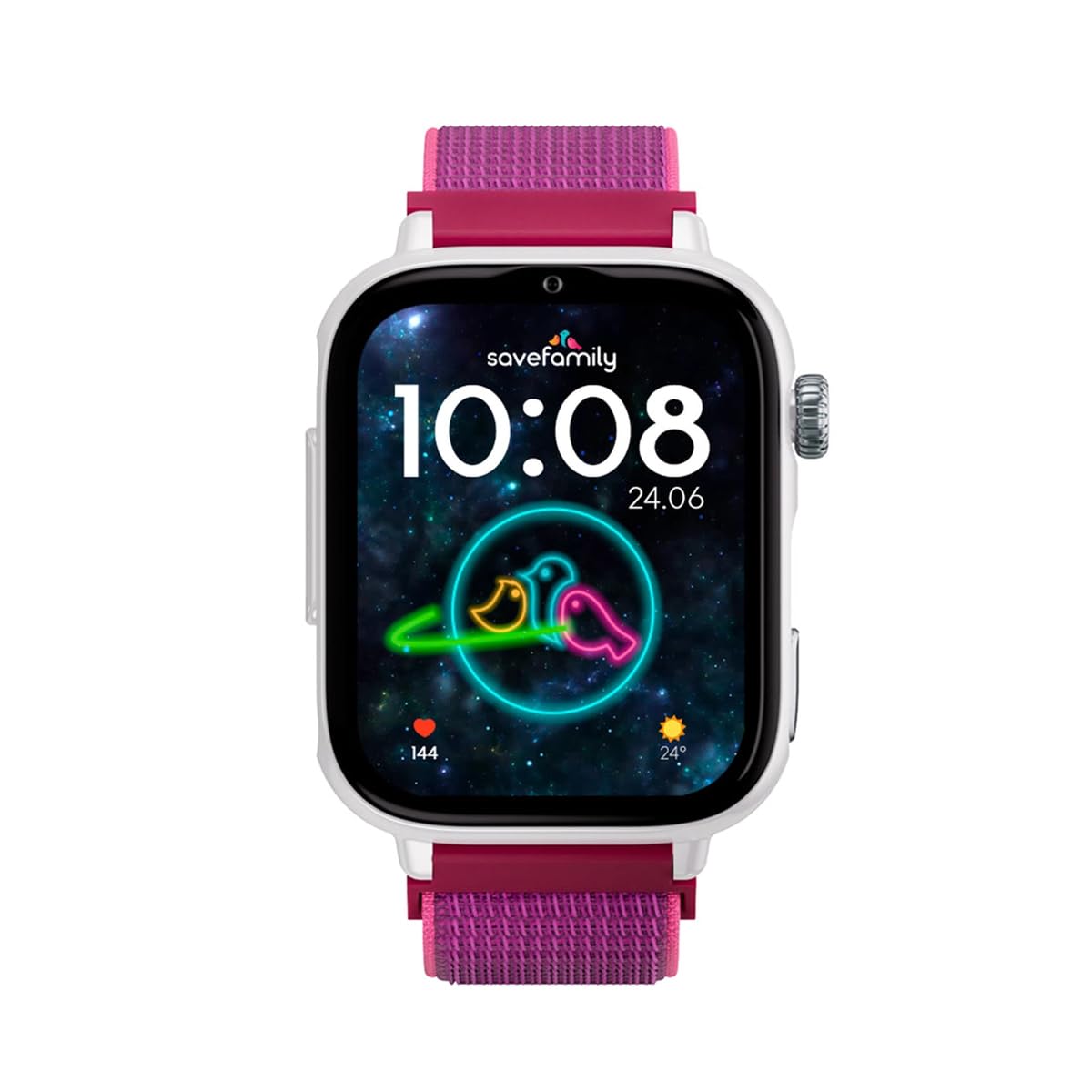 SaveFamily SaveWatch Plus 2 | Reloj Inteligente Niño con Localizador GPS, Llamada, Vídeo, Whatsapp, Spotify, App Store | SIM Incluida - Esfera Blanca y Correa de Tela Frambuesa