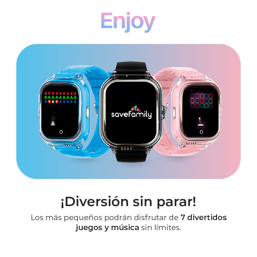 SaveFamily Enjoy | Reloj Inteligente Niño con Localizador GPS, Juegos Divertidos, Cámara, Vídeo, Llamadas, Música, Podómetro, SOS | SIM Incluida - Color Rosa